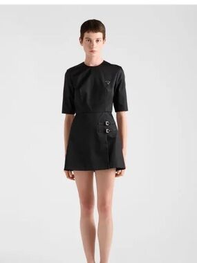 Prada Black Short-Sleeve Mini Dress with Buckle Accents